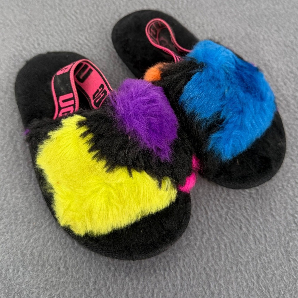 UGG Fluff Yeah Slide Toddler Size 8 Black Multi Rock Rose Fur Slippers 1124927T